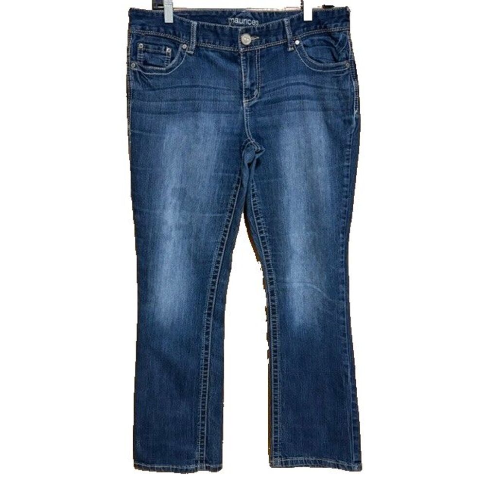 Maurices Womens 11/12 Short Bootcut Jeans Medium Wash Stretch Embroidered